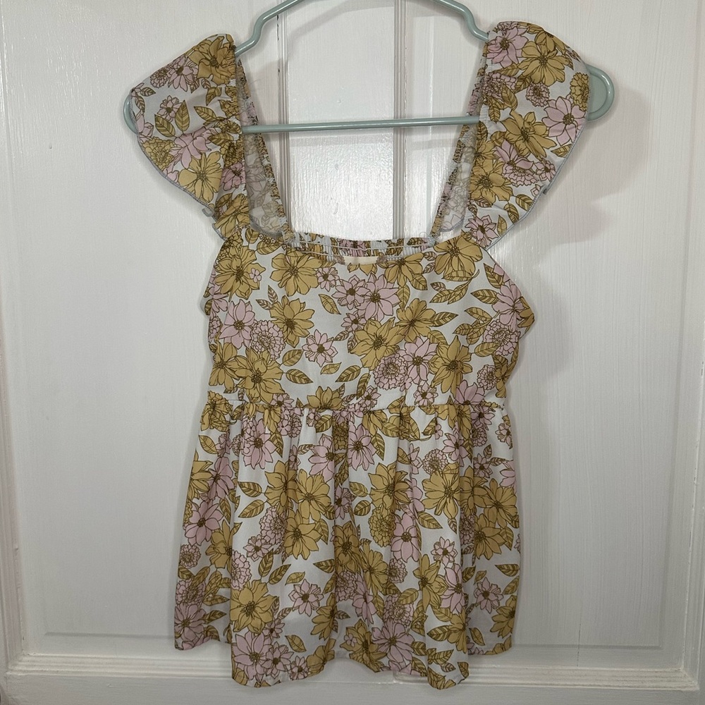 Altar'd State Floral Ruffle Sleeve Tank Top in White, Mustard & Pink